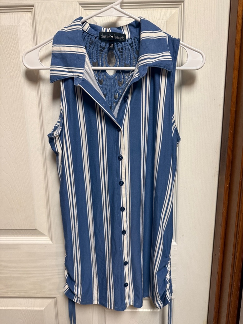 Derek Heart Blue and White Striped Sleeveless Button-Down Top